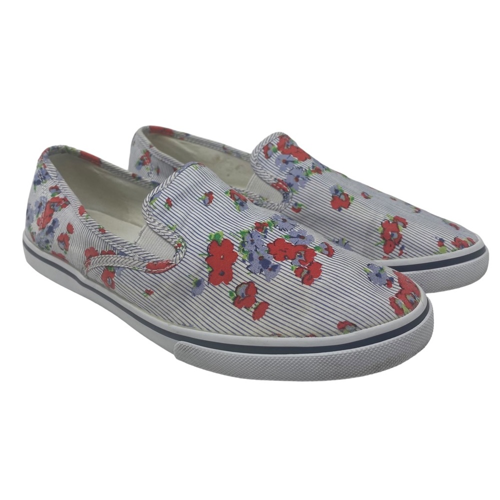 Ralph Lauren White Pinstripe Slip-On Sneakers with Red & Purple Floral Print